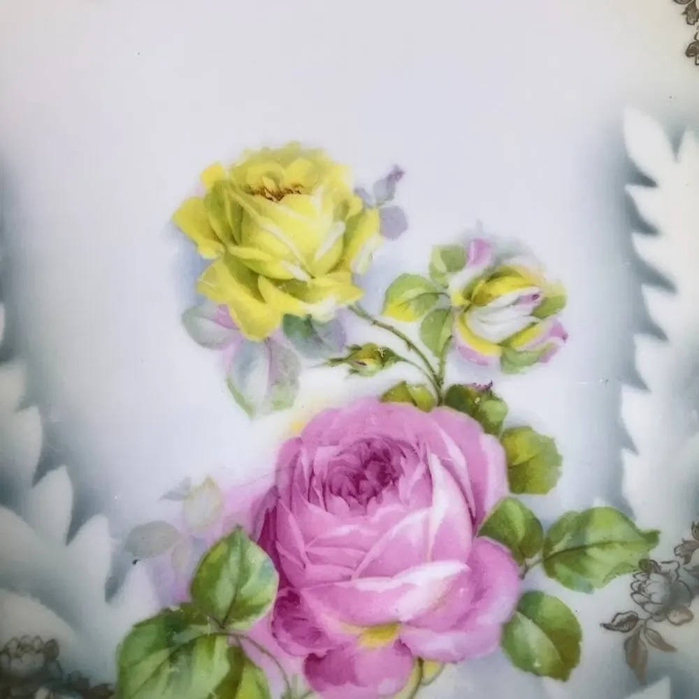 Antique PK Silesia Koenigszelt Handled Cake Plate Roses Gold Reticulated 9”
